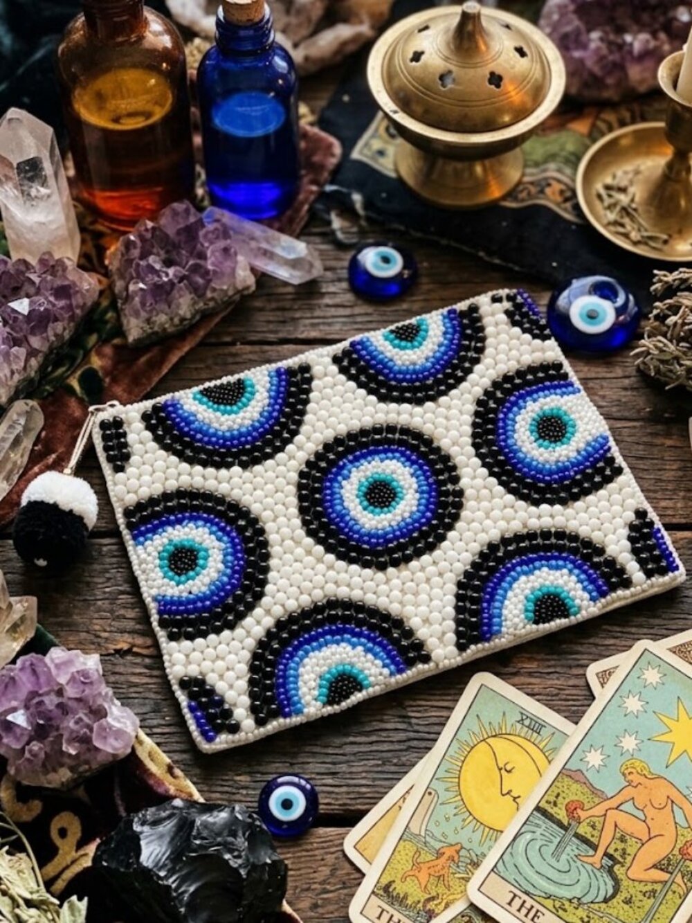 Evil Eye Protection Symbol Silver Sparkle Beaded LG Storage Coin Money Pouch NEW